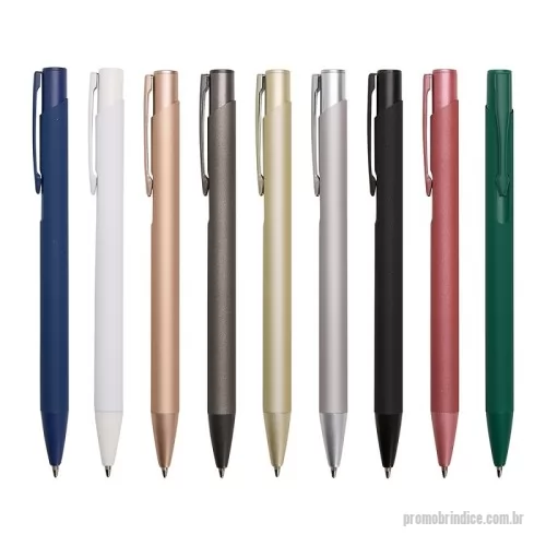 Caneta metálica personalizada - Caneta metálica com ponta e clip em plástico. Possui acionamento por clique e carga esferográfica azul de 1.0mm.