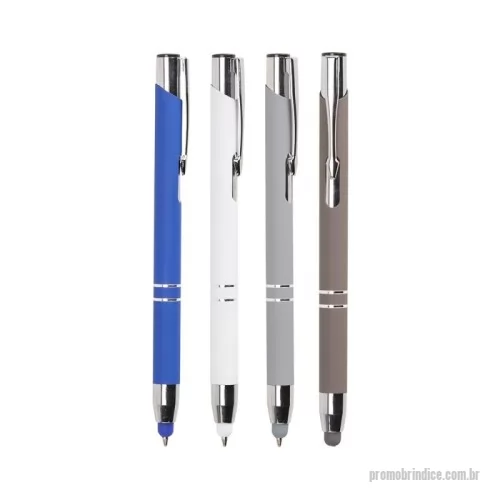 Caneta metálica personalizada - Caneta esferográfica com carga azul de 1.0mm e acionamento por clique. De construção metálica, também possui ponteira emborrachada que permite seu uso como uma caneta touch para interação com dispositivos de tela sensível ao toque.