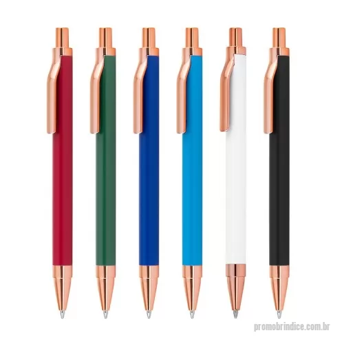 Caneta metálica personalizada - Caneta esferográfica com corpo em alumínio reciclado, acionador e clipe em acabamento rosé/bronze.