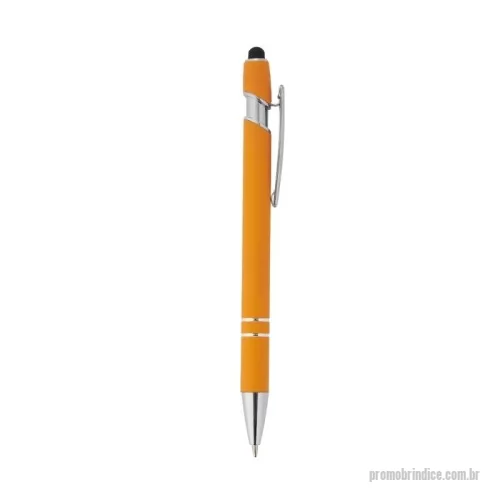 Caneta metálica personalizada - Caneta metálica touchscreen com acabamento similar à borracha, acionamento por clique e carga esferográfica azul 1.0mm.