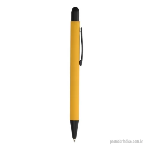 Caneta metálica personalizada - Caneta metálica touchscreen com acabamento emborrachado, acionamento por clique e carga esferográfica azul 1.0mm.