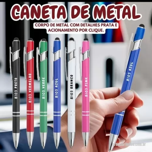 Caneta metálica personalizada - Caneta de Metal com acionamento por clique, touch Screen e 2 aneis diversas cores, ideal para gravação em Laser