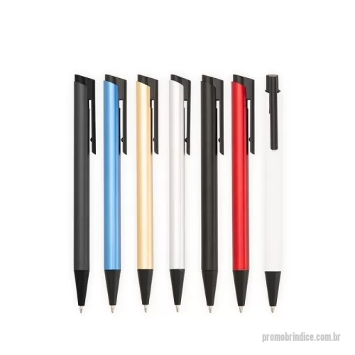 Caneta metálica personalizada - Caneta metálica com ponteira, clip e acionamento em plástico. Possui carga esferográfica azul de 1,0mm e acionamento por clique.