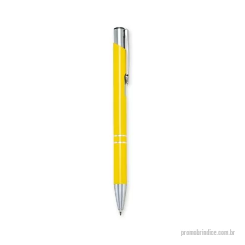 Caneta metálica personalizada - Caneta metálica com detalhe em plástico próximo à ponteira. Possui acionamento por clique e carga esferográfica azul de 1,0mm.