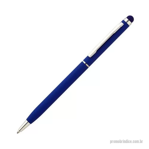 Caneta metálica personalizada - Caneta esferográfica de metal escrita em azul, com ponta touch com corpo emborrachado.