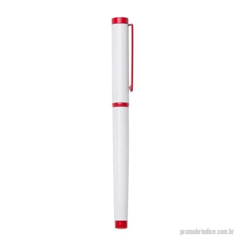 Caneta metálica personalizada - Caneta roller semimetal com corpo colorido. Possui anel metálico na parte superior, anel central e parte inferior colorida. Carga esferográfica preto de 0.7 mm. Para utilizar, basta puxar a tampa.