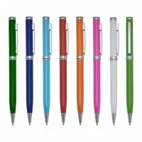 Caneta metálica Personalizada | Caneta semimetal com pintura brilhante colorida e detalhes em prata. Clip metálico, acionamento por giro e carga esferográfica azul. - TOTUS BRINDES