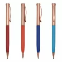 Caneta metálica Personalizada | Caneta semimetal com pintura fosca colorida e detalhes em bronze. Clip metálico, acionamento por giro e carga esferográfica azul. - TOTUS BRINDES