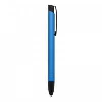 Caneta metálica com ponteira touch screen, carga esferográfica azul e acionamento por clique.