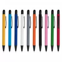 Caneta metálica Personalizada | Caneta metal. Caneta metálica touchscreen com acabamento emborrachado, acionamento por clique e carga esferográfica azul 1.0mm. - TOTUS BRINDES