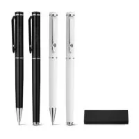 Caneta metálica Personalizada | Conjunto de roller e esferográfica em metal com mecanismo twist e clipe com detalhe brilhante na ponta. Fornecido em estojo almofadado.  - DRIKA PRODUTOS CORPORATIVOS