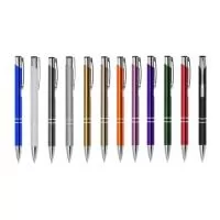 Caneta metálica Personalizada | Descrição: Caneta metálica com carga esferográfica azul e acionamento por clique.  Medidas aproximadas para gravação (CxL):  3 cm x 0,7 cm  Tamanho total aproximado  (CxL):  13,7 cm x 1,2 cm  Peso aproximado (g):  16 - REI DOS BRINDES