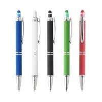 Caneta metálica touchscreen com acabamento similar à borracha e parte inferior texturizada, acionamento por clique e carga esferográfica azul 1.0mm.