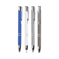 Caneta esferográfica com carga azul de 1.0mm e acionamento por clique. De construção metálica, também possui ponteira emborrachada que permite seu uso como uma caneta touch para interação com dispositivos de tela sensível ao toque.