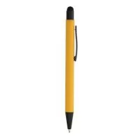 Caneta metálica touchscreen com acabamento emborrachado, acionamento por clique e carga esferográfica azul 1.0mm.