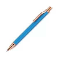 Caneta esferográfica com corpo em alumínio reciclado, acionador e clipe em acabamento rosé/bronze.