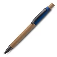 Caneta esferográfica em alumínio reciclável com escrita em azul. Refil parker e acionador e corpo em bambu.