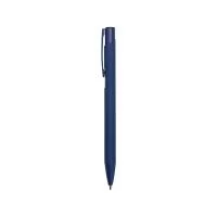 Caneta metálica com ponta e clip em plástico. Possui acionamento por clique e carga esferográfica azul de 1.0mm.