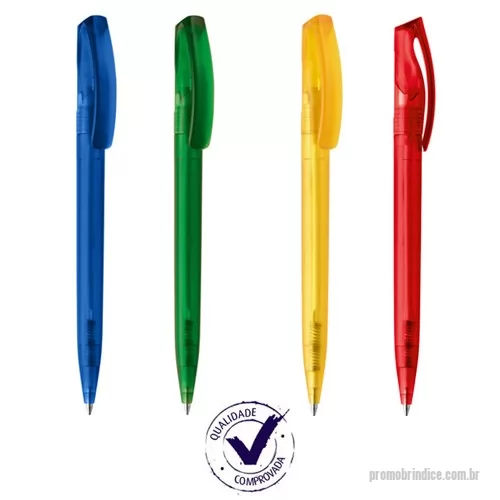 Caneta personalizada - Disponíveis nas cores verde, amarelo, azul e vermelho, a caneta plástica para dar de brinde possui carga de tinta para até 2 km de escrita.