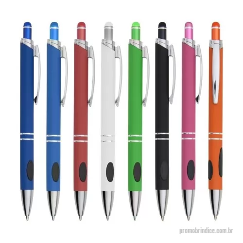 Caneta personalizada - Caneta metálica touchscreen com acabamento emborrachado, acionamento por clique e carga esferográfica azul 1.0mm.