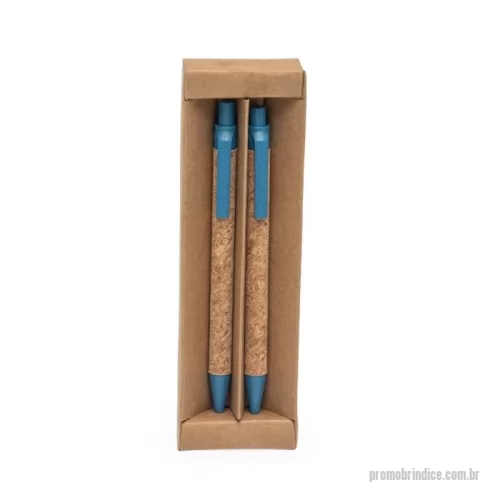 Caneta personalizada - Kit ecológico com caneta e lapiseira de cortiça com estojo de papelão. Carga esferográfica azul. Acionamento por clique.