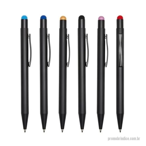 Caneta personalizada - Caneta metálica com touch screen, carga esferográfica azul 1.0mm e acionamento por clique. Ao ser personalizada a laser, o corpo da caneta adotará a mesma cor da borracha touch, com a exceção da cor preta, que permanecerá em prata.
