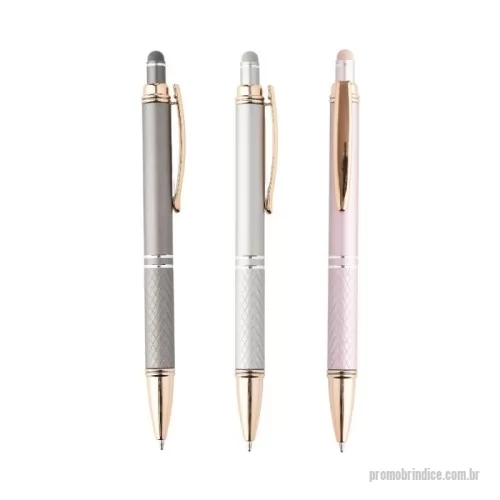 Caneta personalizada - 05020  Caneta metálica touch screen com parte inferior texturizada, acionamento por clique e carga esferográfica azul 1.0mm. Conheça mais produtos em nossa página exclusiva e faça seu orçamento!