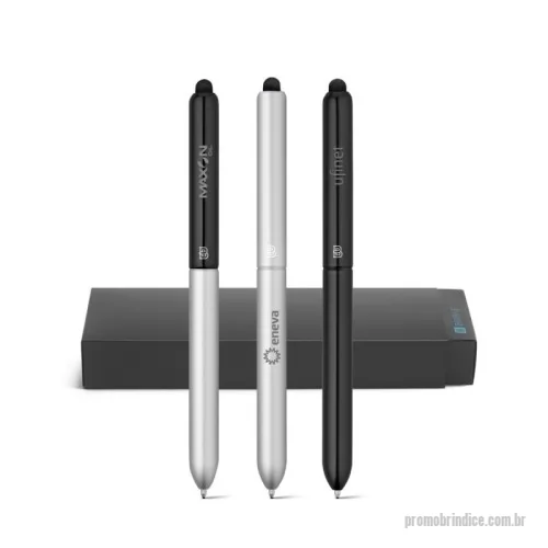 Caneta personalizada - Esferográfica vanguardista e ergonômica em alumínio, com mecanismo twist. A ponteira touch, em silicone, permite reforçar a sua utilidade e o corpo laqueado com acabamento matt/brilhante. A esferográfica tem recarga em metal e tinta Dokumental® preta. 