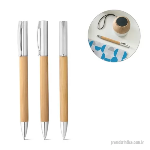 Caneta personalizada - Esferográfica em bambu e ABS com acabamento metálico mate. Possui mecanismo twist e clipe em metal.  Esferográfica amiga do ambiente. Escrita em azul. Ø10 x 142 mm