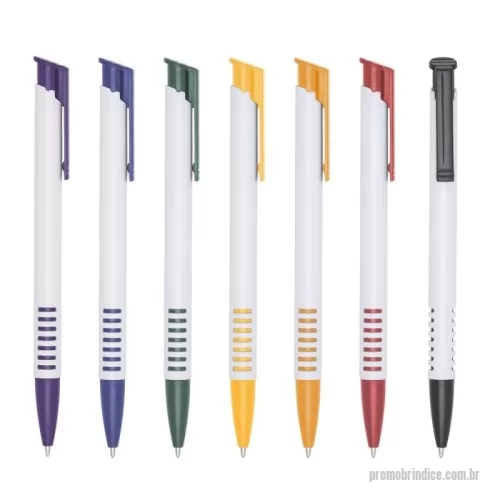 Caneta personalizada - Caneta plástica com carga esferográfica azul e acionamento por clique. Poder escolher clipe colorido e corpo branco, clipe colorido e corpo prata e clipe prata e corpo colorido.