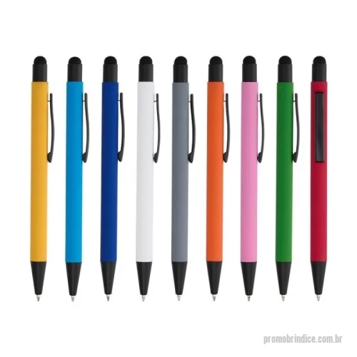 Caneta personalizada -  Caneta metálica touchscreen com acabamento emborrachado, acionamento por clique e carga esferográfica azul 1.0mm.