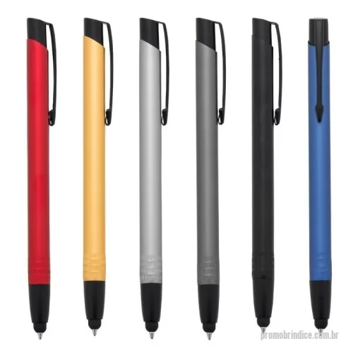 Caneta personalizada - Caneta metálica com ponteira touch screen, carga esferográfica azul e acionamento por clique.