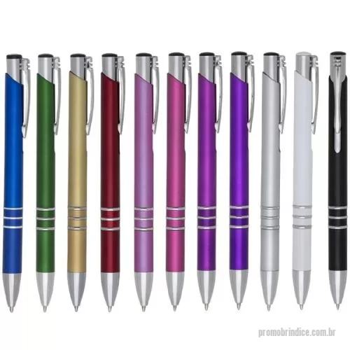 Caneta personalizada - Caneta esferográfica de plástico corpo inteiro colorido com detalhes de três anéis prata, clipe de metal e acionamento por clique, carga esferográfica azul.