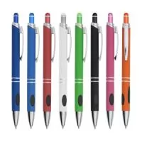 Caneta metálica touchscreen com acabamento emborrachado, acionamento por clique e carga esferográfica azul 1.0mm.