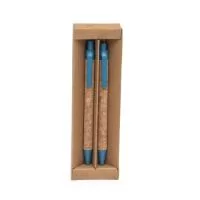 Kit ecológico com caneta e lapiseira de cortiça com estojo de papelão. Carga esferográfica azul. Acionamento por clique.