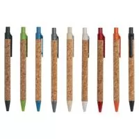 Caneta de cortiça com carga esferográfica azul 1.0mm e acionamento por clique. Clipe plástico, acionador e ponteira plástica.