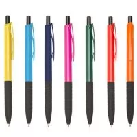Caneta plástica com carga esferográfica azul e acionamento por clique.
