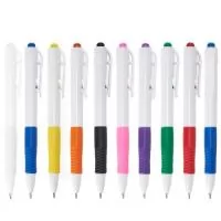 14679L Caneta plástica com detalhe emborrachado, carga esferográfica azul e acionamento por clique. Conheça mais produtos em nossa página exclusiva e faça seu orçamento!