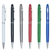  Caneta semimetálica com touch screen, carga esferográfica azul e acionamento por rotação.  Largura :  1,3 cm  Comprimento :  14,1 cm