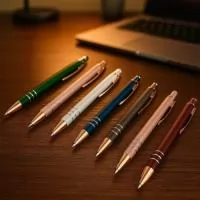 Caneta metálica com carga esferográfica azul de 1,0mm e acionamento por clique com acabamento emborrachado para interação em dispositivos com tela sensível ao toque.