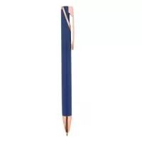 Caneta metálica com acionamento por clique e carga esferográfica azul de 1,0mm, oferecendo uma pegada leve para uma escrita mais precisa.
