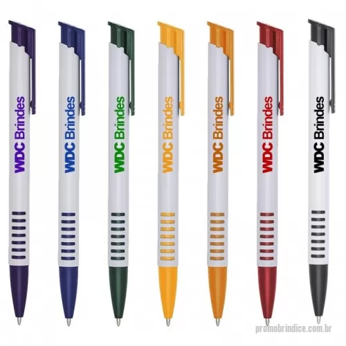 Caneta plástica personalizada - Caneta de plástico branca com botão e ponta coloridos, detalhes vazados na parte inferior