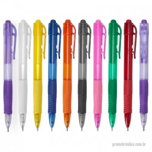 Caneta plástica personalizada - Caneta plástica com detalhe emborrachado, carga esferográfica azul e acionamento por clique.