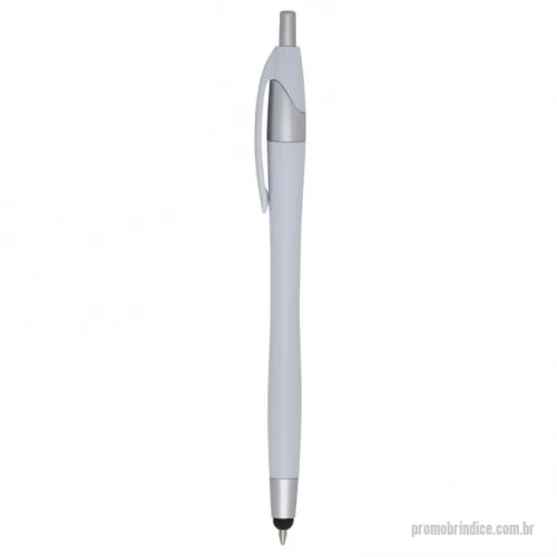 Caneta plástica personalizada - Caneta plástica com ponteira touch screen, carga esferográfica azul e acionamento por clique.