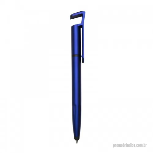 Caneta plástica personalizada - Caneta plástica com suporte para celular, ponteira touch screen e limpador de tela. Carga esferográfica azul e acionamento por rotação.