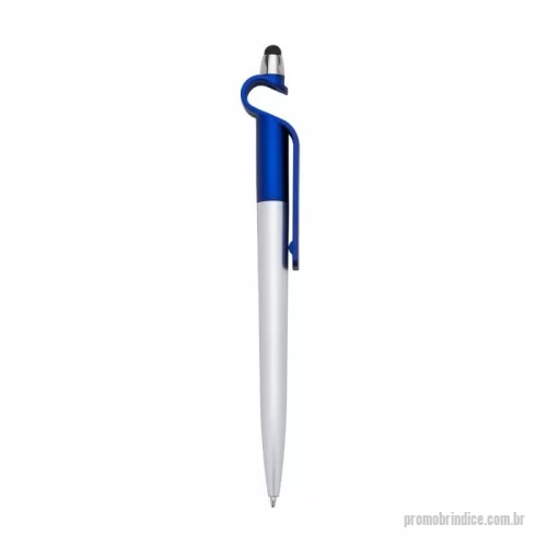 Caneta plástica personalizada - Caneta plástica com suporte para celular e touch screen. Carga esferográfica azul e acionamento por rotação.