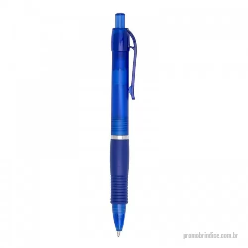 Caneta plástica personalizada - Caneta plástica com detalhe emborrachado, carga esferográfica azul e acionamento por clique.