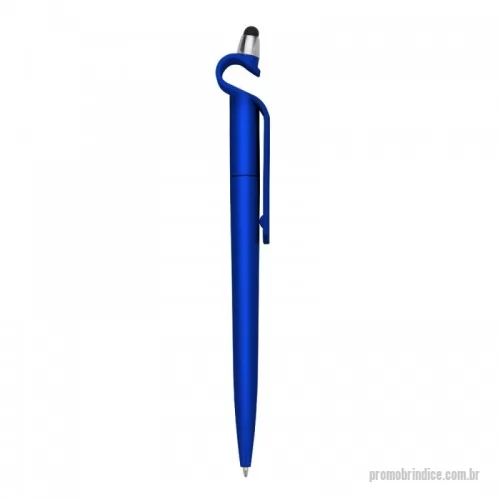 Caneta plástica personalizada - Caneta plástica com suporte para celular e touch screen. Carga esferográfica azul e acionamento por rotação.