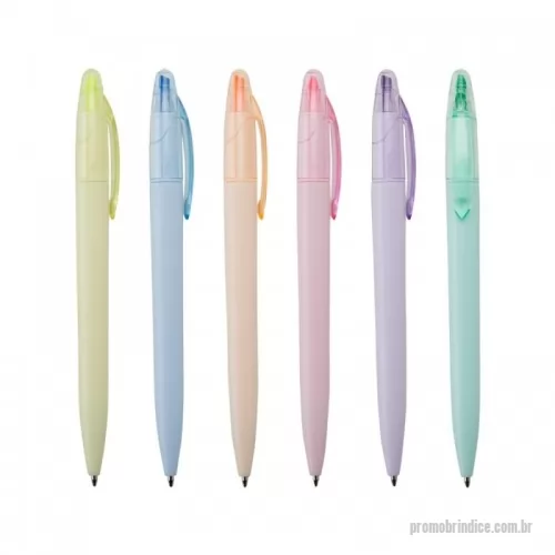 Caneta plástica personalizada - Caneta marca texto. Caneta plástica com marca texto com tampa protetora para o marca texto, carga esferográfica azul 1.0mm e acionamento por rotação.