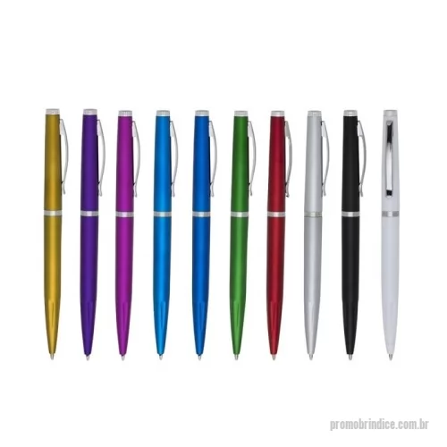 Caneta plástica personalizada - Caneta plástica com carga esferográfica azul e acionamento por rotação.